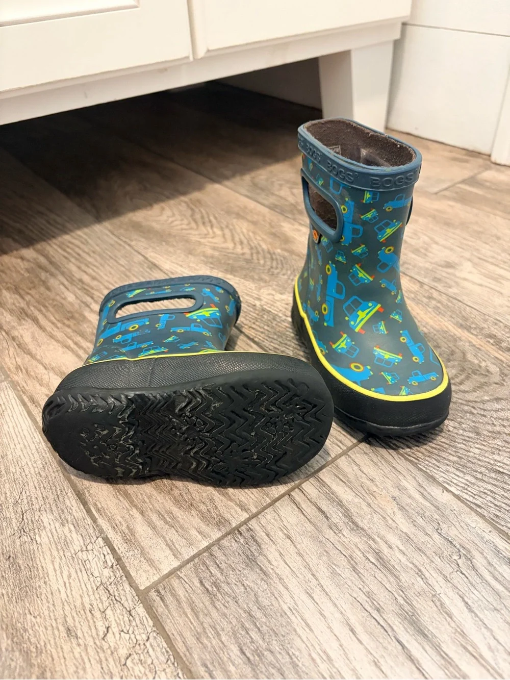 Bogs Kids Navy Blue Truck Print Rain Boots with Yellow Trim